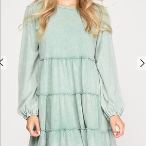 Distressed She & Sky Tiered Dress, Sage